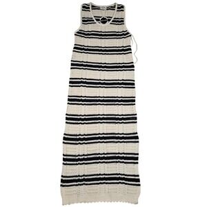 Newin Crochet Knit Maxi Dress Cream Navy Striped Sleeveless Scoop Neck Medium